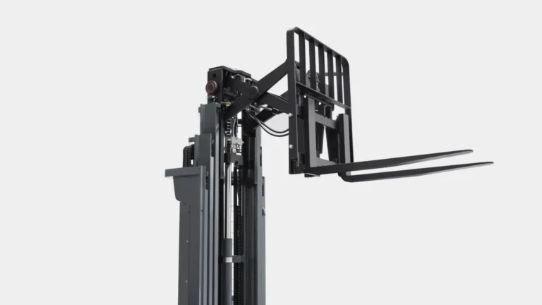 Scissor-type reach structure extends the forks forward for flexible pallet handling and improved reach capability.