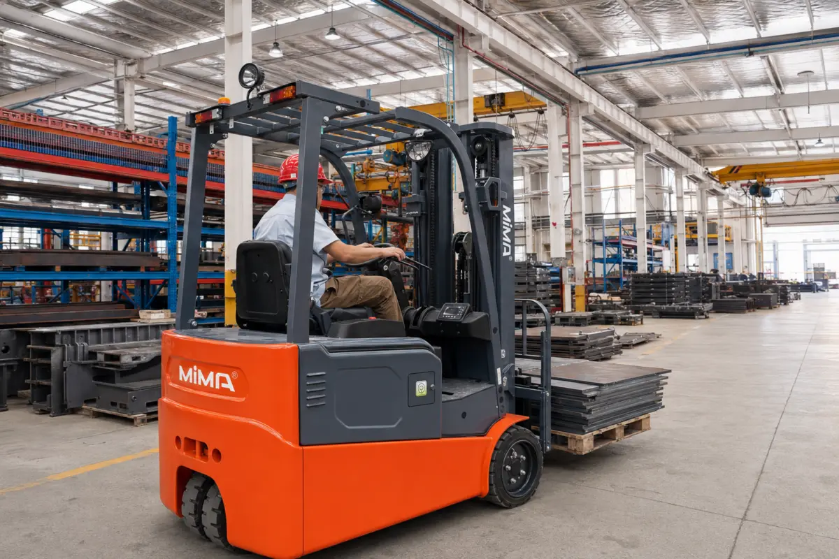 mima counterbalance forklift working in a workshop